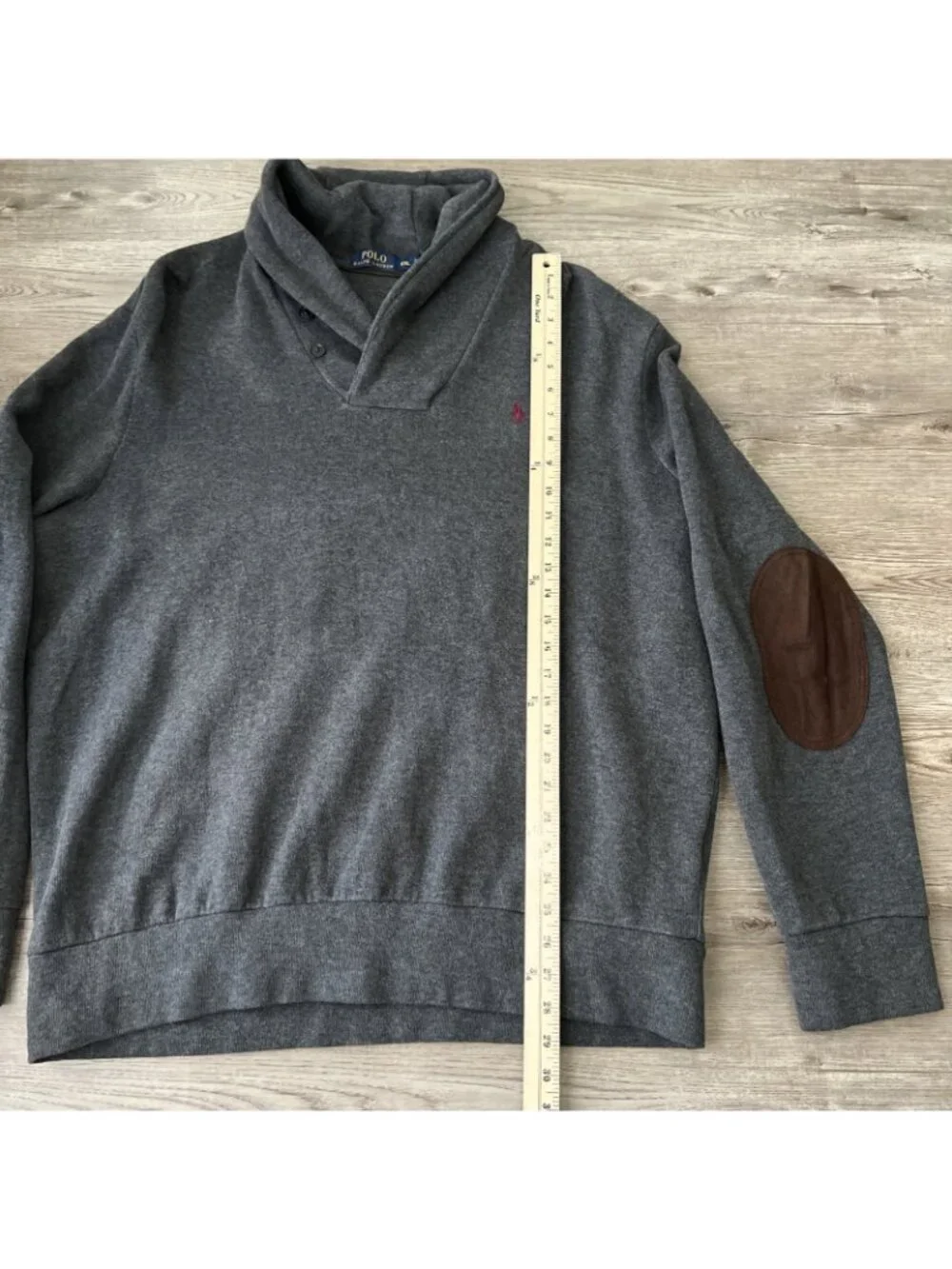 Polo Ralph Lauren Shawl Collar Pullover Mens XXL Gray Suede Elbow Patches Cotton